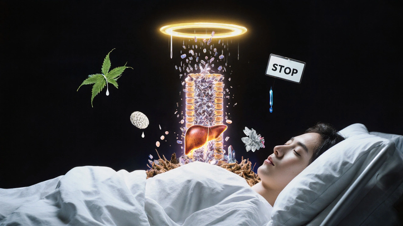 A patient’s translucent body showing a collapsing liver, while natural alternatives glow above in golden light.