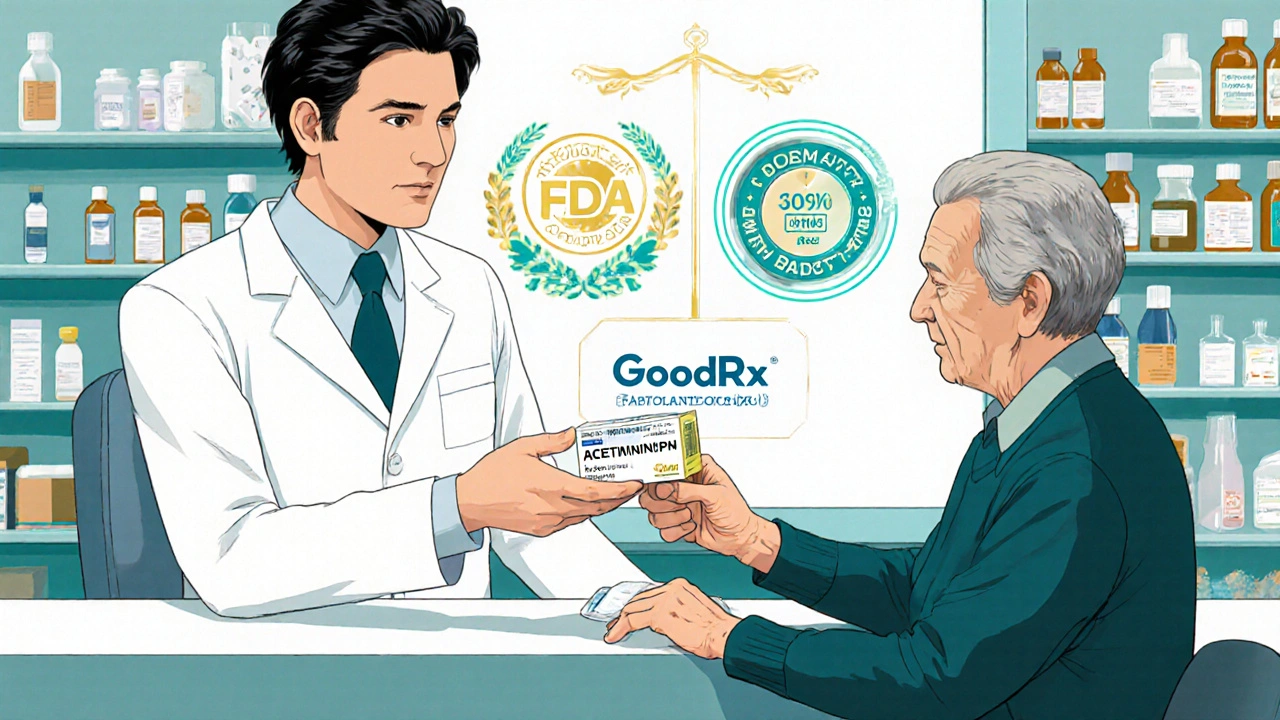 A pharmacist handing generic pain reliever to an elderly patient, with FDA approval badges glowing in the background.