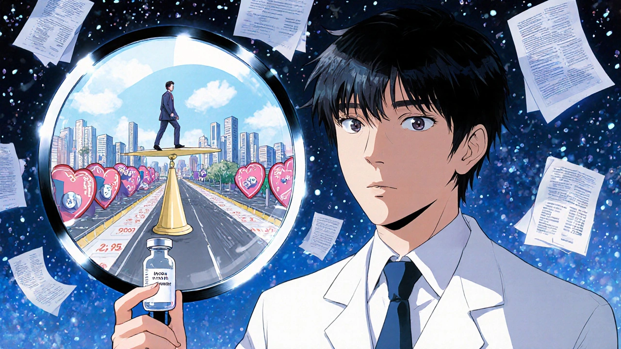 A pharmacist holding a warfarin vial revealing a miniature city of patient hearts and dosage timelines inside.