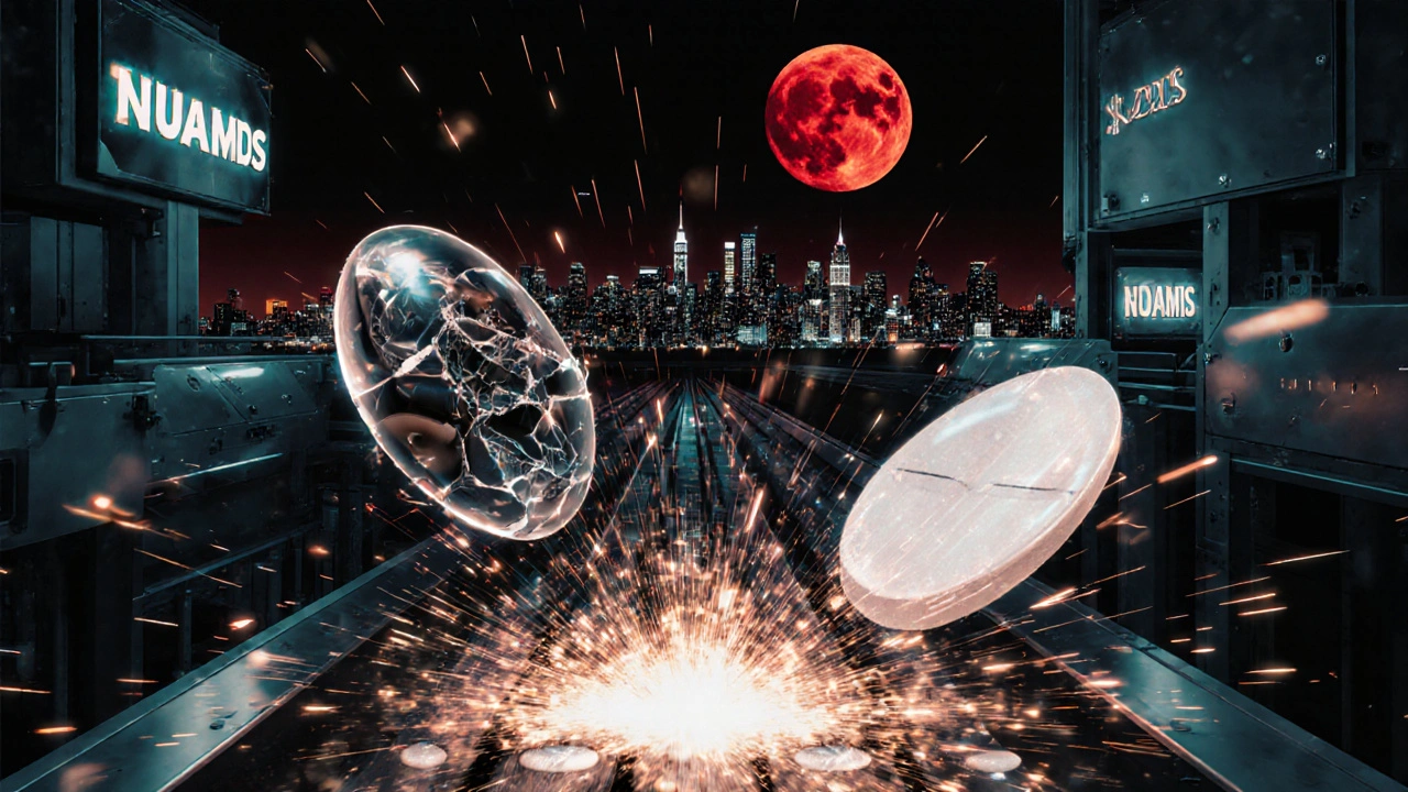 A shadowy counterfeit pill factory with holograms and exploding pills under a red moon.