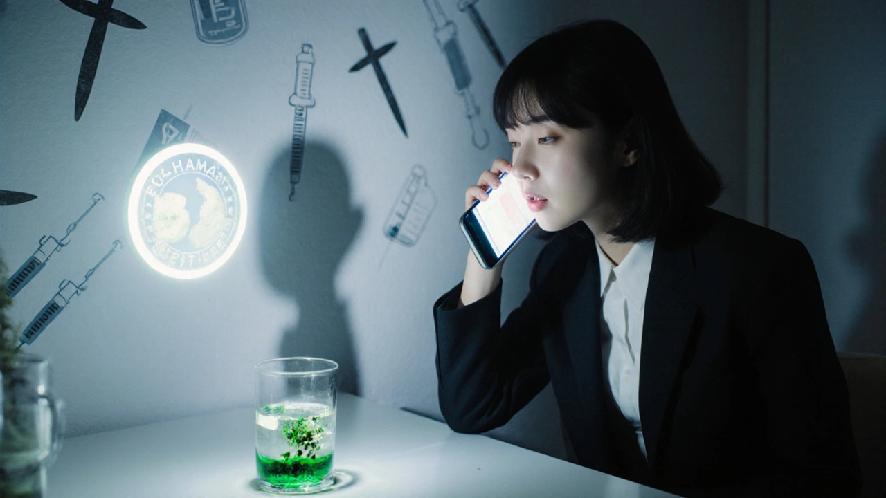 A woman calling a drug manufacturer while a fake pill dissolves into toxic sludge nearby.