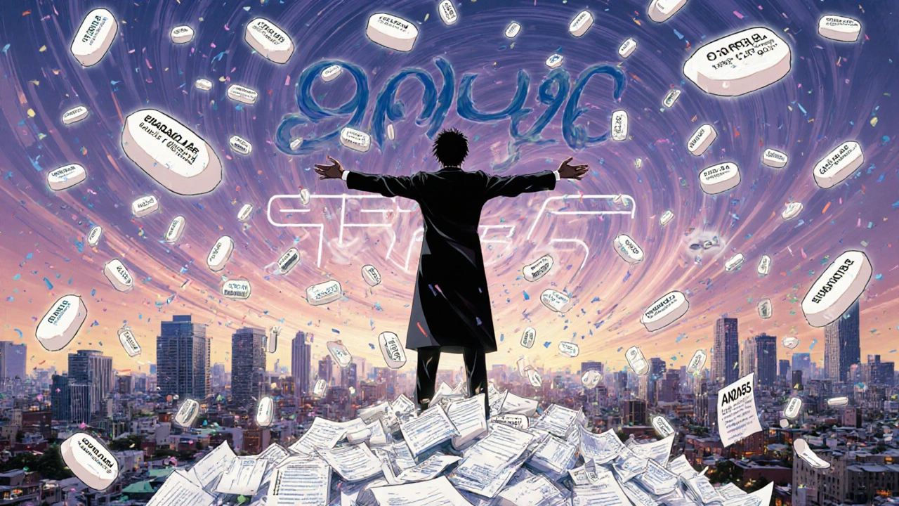 Cityscape with millions of glowing generic pills falling from the sky, each labeled with an ANDA number.