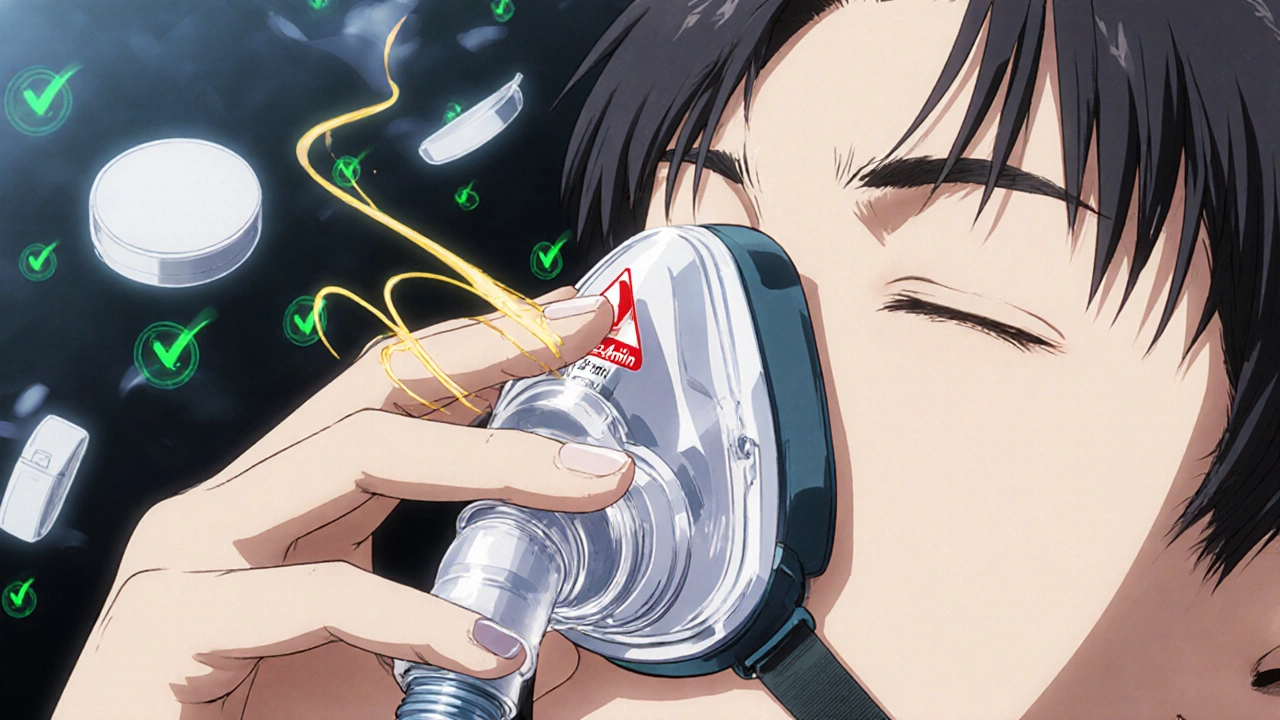 Close-up of hand adjusting CPAP mask, golden air leaks sealing shut, replacement parts floating in background.