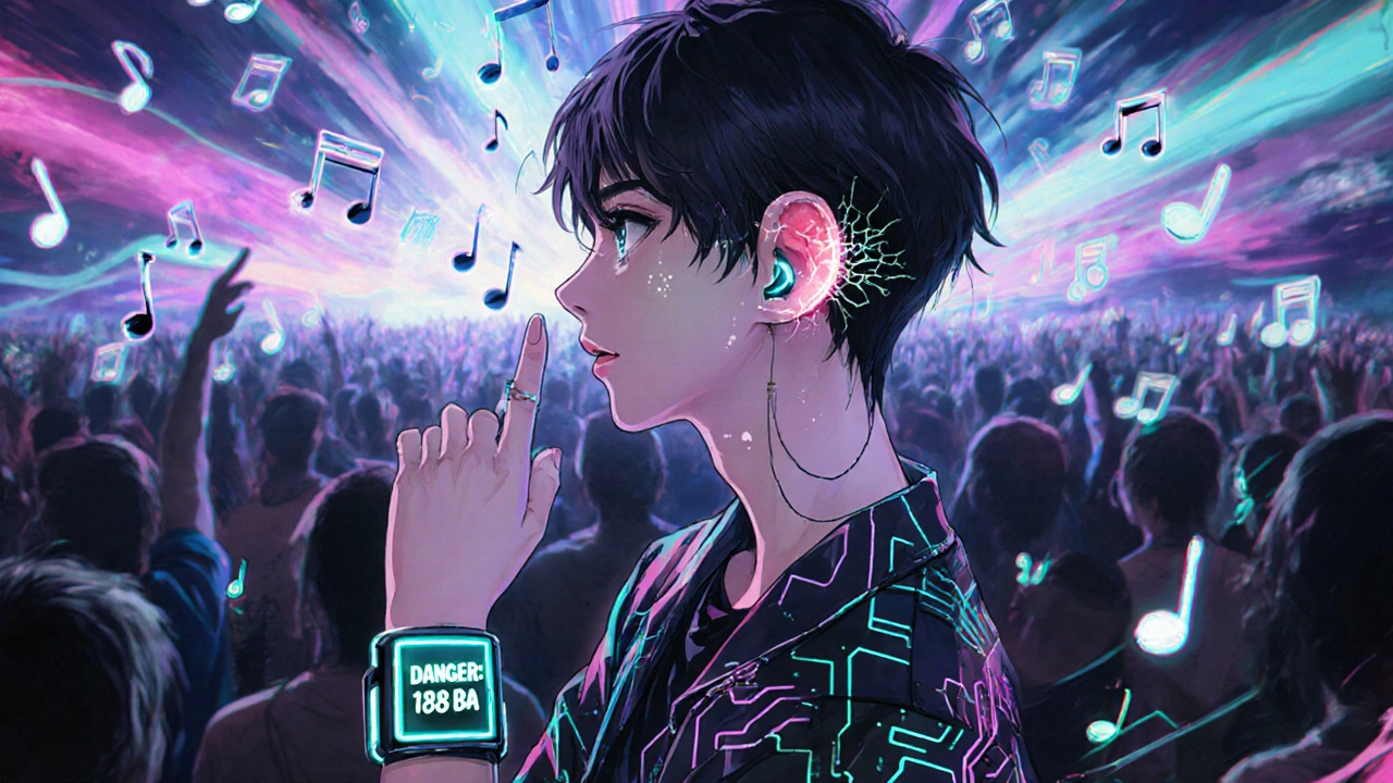 Concertgoer with high-fidelity earplugs surrounded by fracturing sound waves and a danger alert on wrist app.