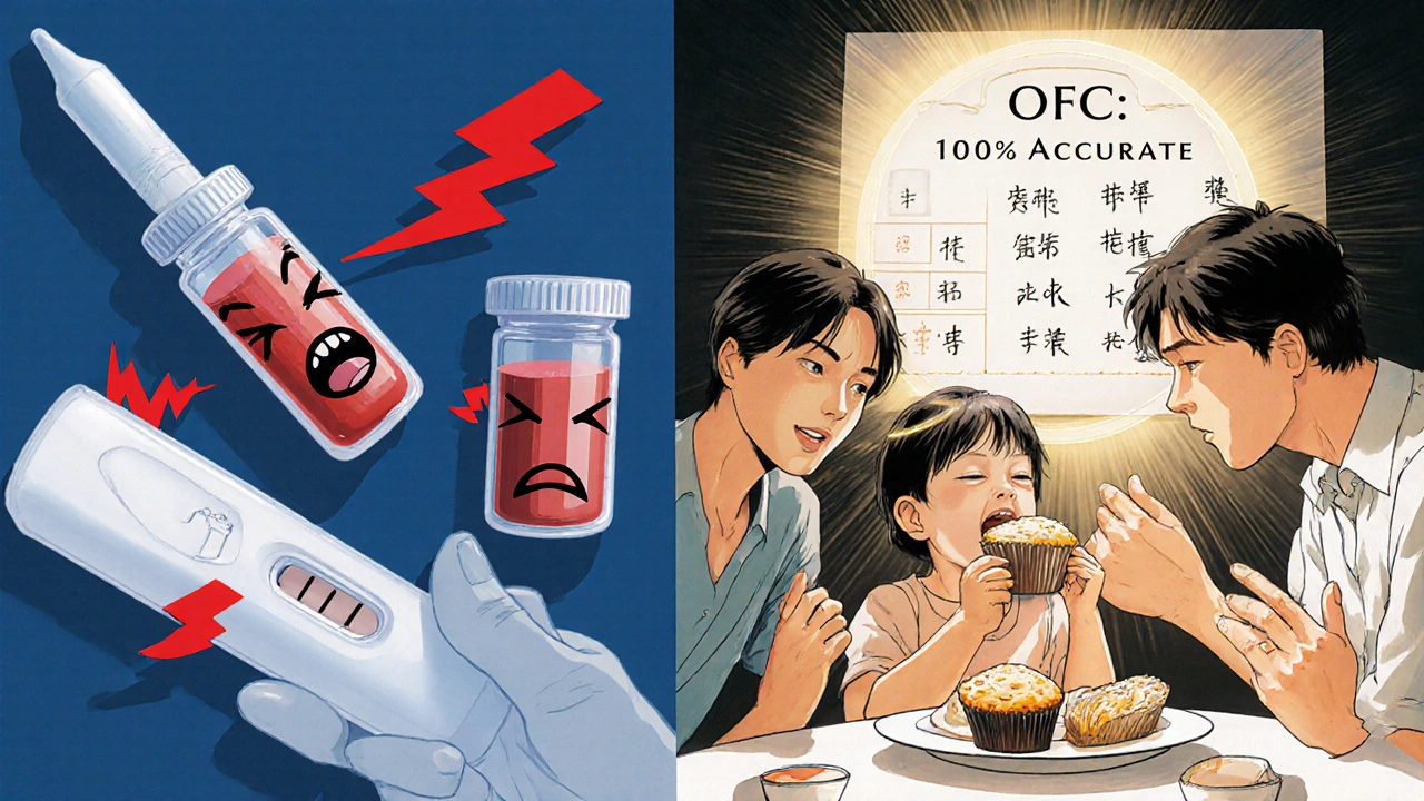 Contrasting false allergy tests with a family joyfully eating together, radiant light highlighting the oral food challenge.