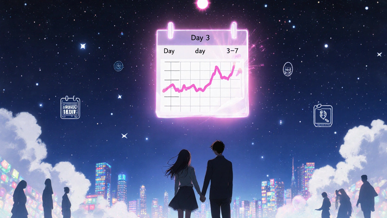 Couple under stars with floating ovulation calendar and holographic fertility graph.
