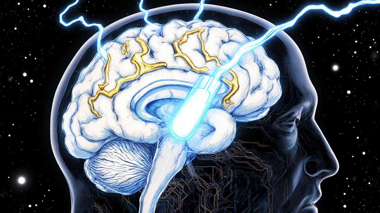 Cross-section of a brain with glowing electrodes targeting key areas, surrounded by electric neural pathways.