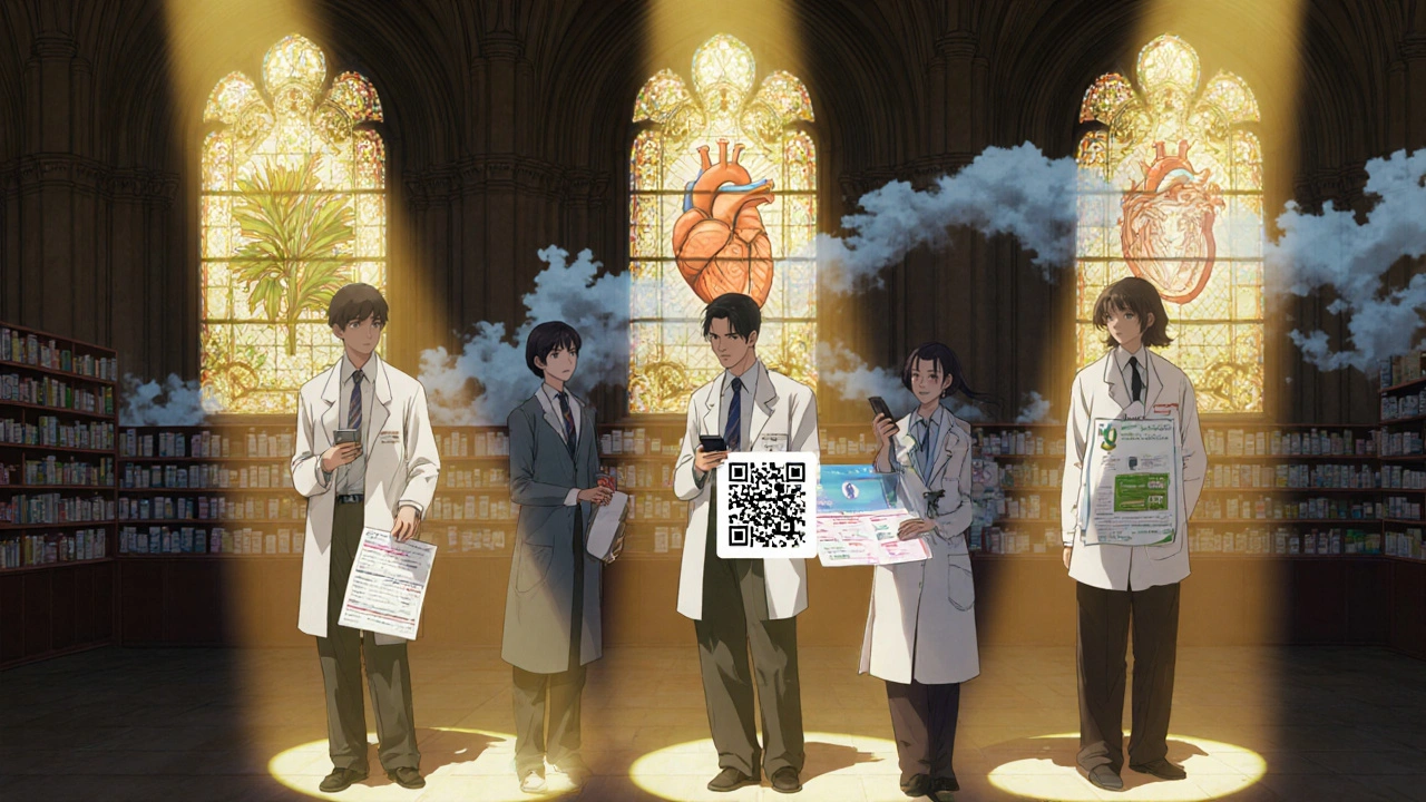 Diverse group of people in a pharmacy, each interacting with different medication safety tools.