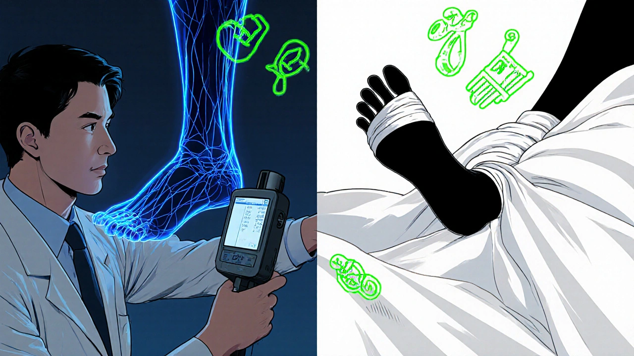 Doctor tests ankle blood flow on one side, injured foot with missing toe on the other, medical icons floating.