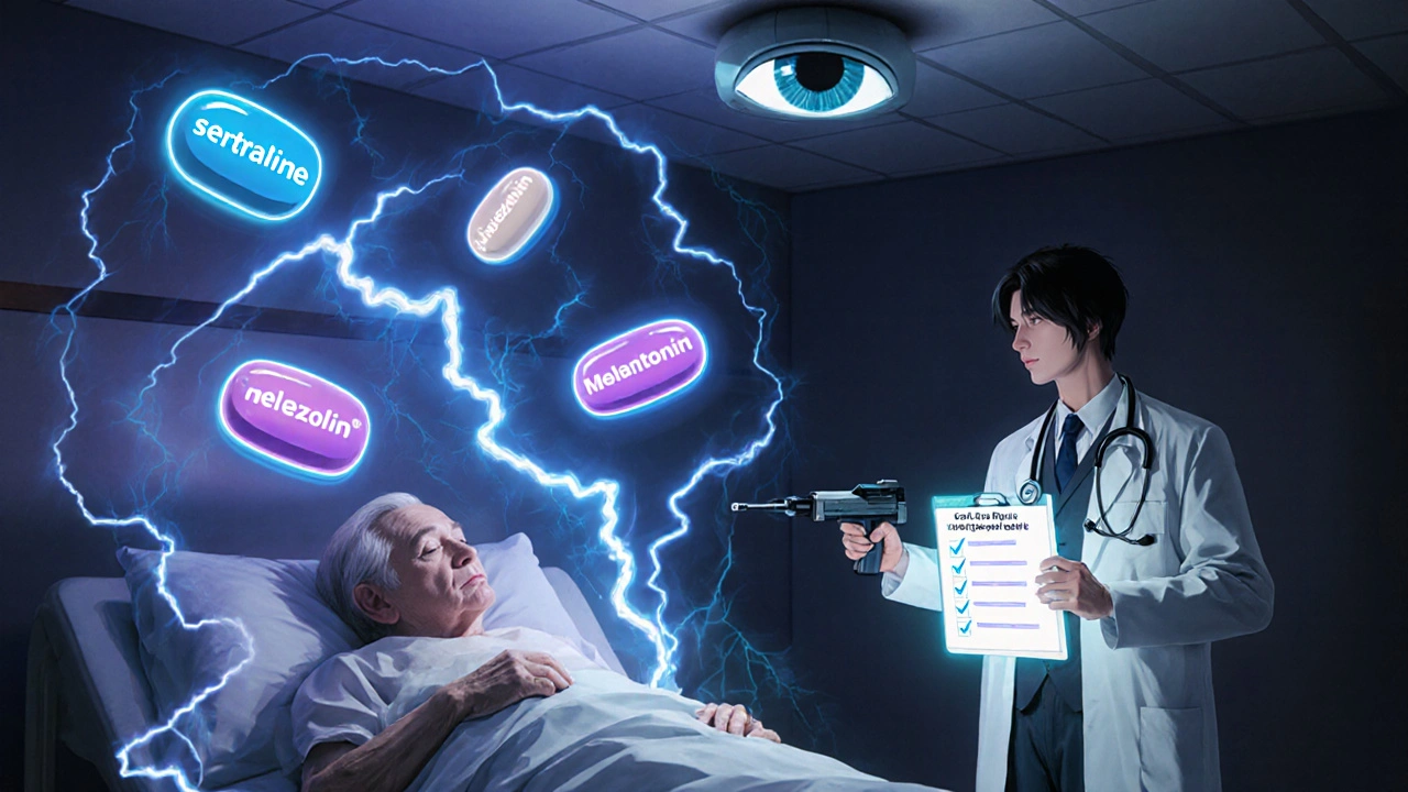 Elderly patient surrounded by glowing drug icons in a serotonin storm, pharmacist standing guard.