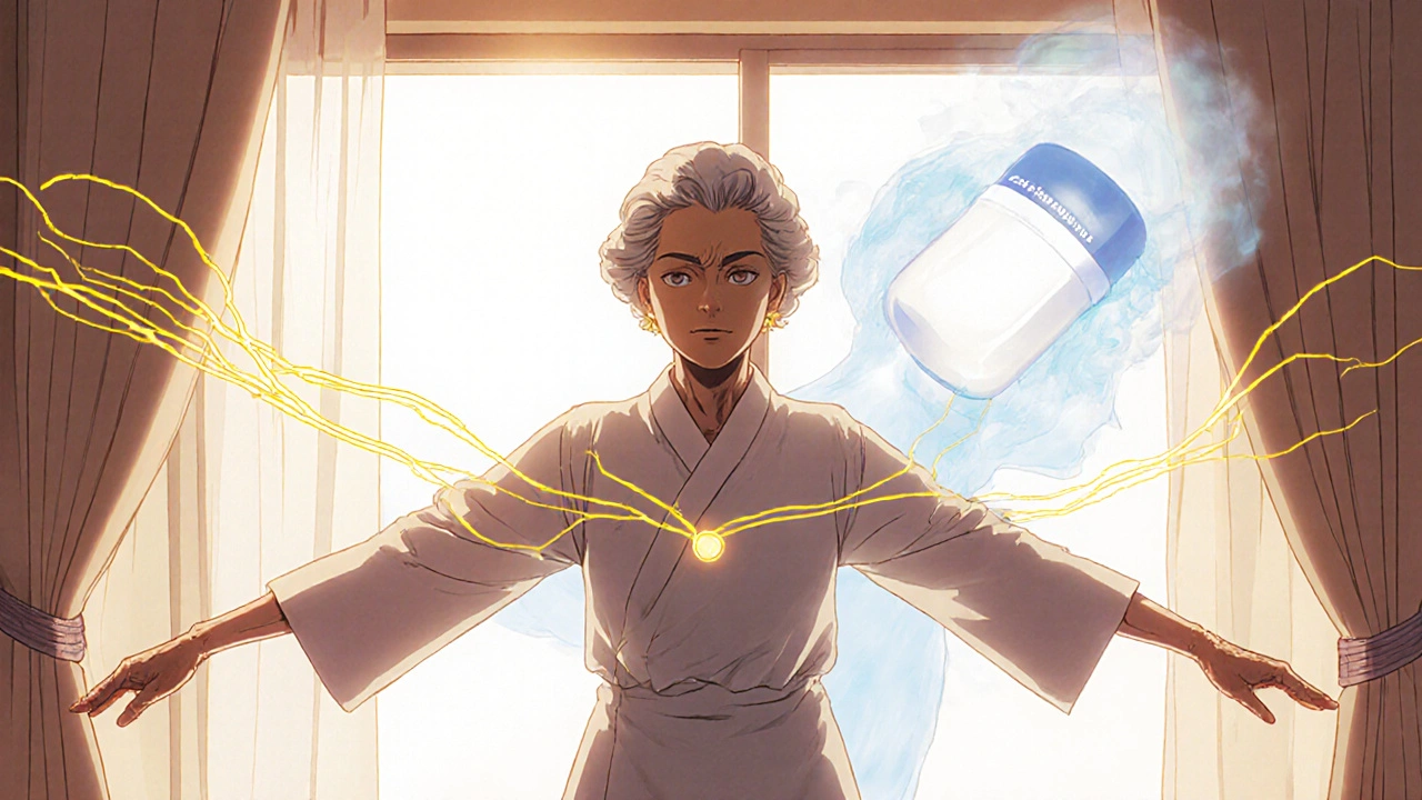 Elderly woman doing balance exercises as a fading pill dissolves behind her in therapeutic sunlight.