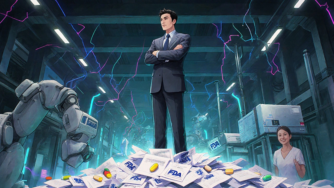 FDA inspector overlooking a high-tech generic drug factory with glowing inspection lights and data streams.
