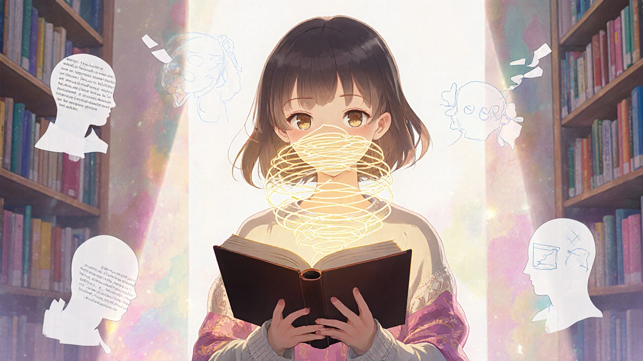 Girl triumphantly reading in library, eyes aligned with golden light as past struggles fade into petals.