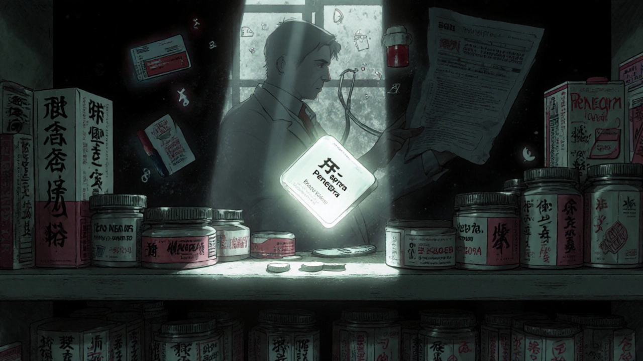 Glowing Penegra pill on a pharmacy shelf with medical warning icons fading in the background.