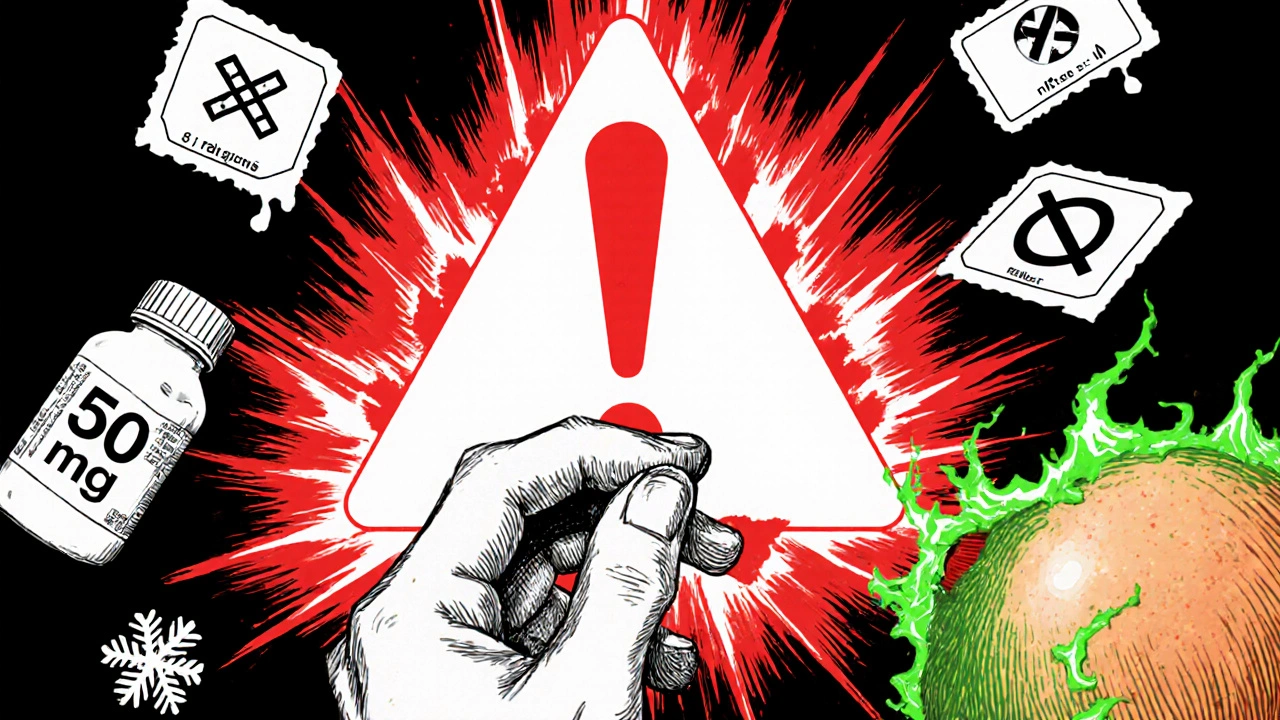 Hand reaching for a pill with glowing warning symbols exploding behind it.