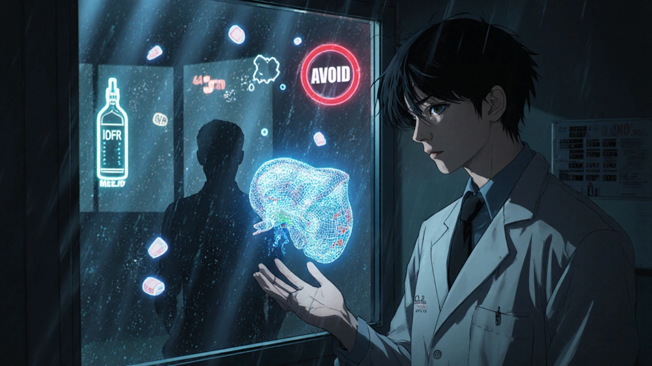 Hepatologist analyzes a glowing clotting map with floating medical scores and DOAC labels in a dim lab.