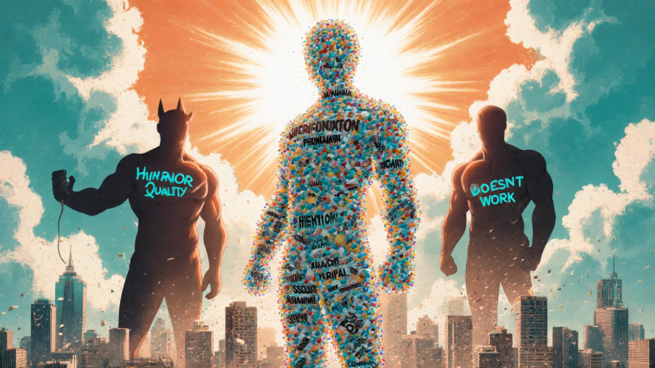 Heroic figure made of generic pills protecting a city from crumbling myths