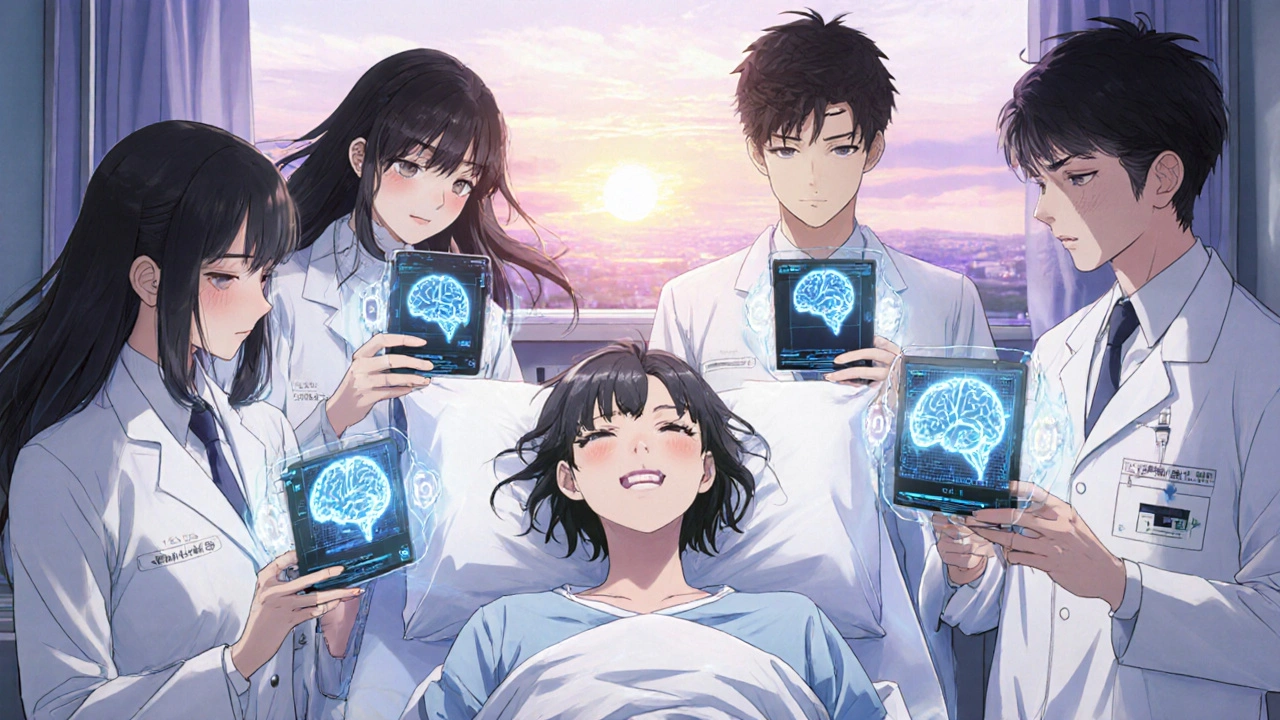 Medical team reviews holographic brain data beside a smiling patient, sunrise through the window.