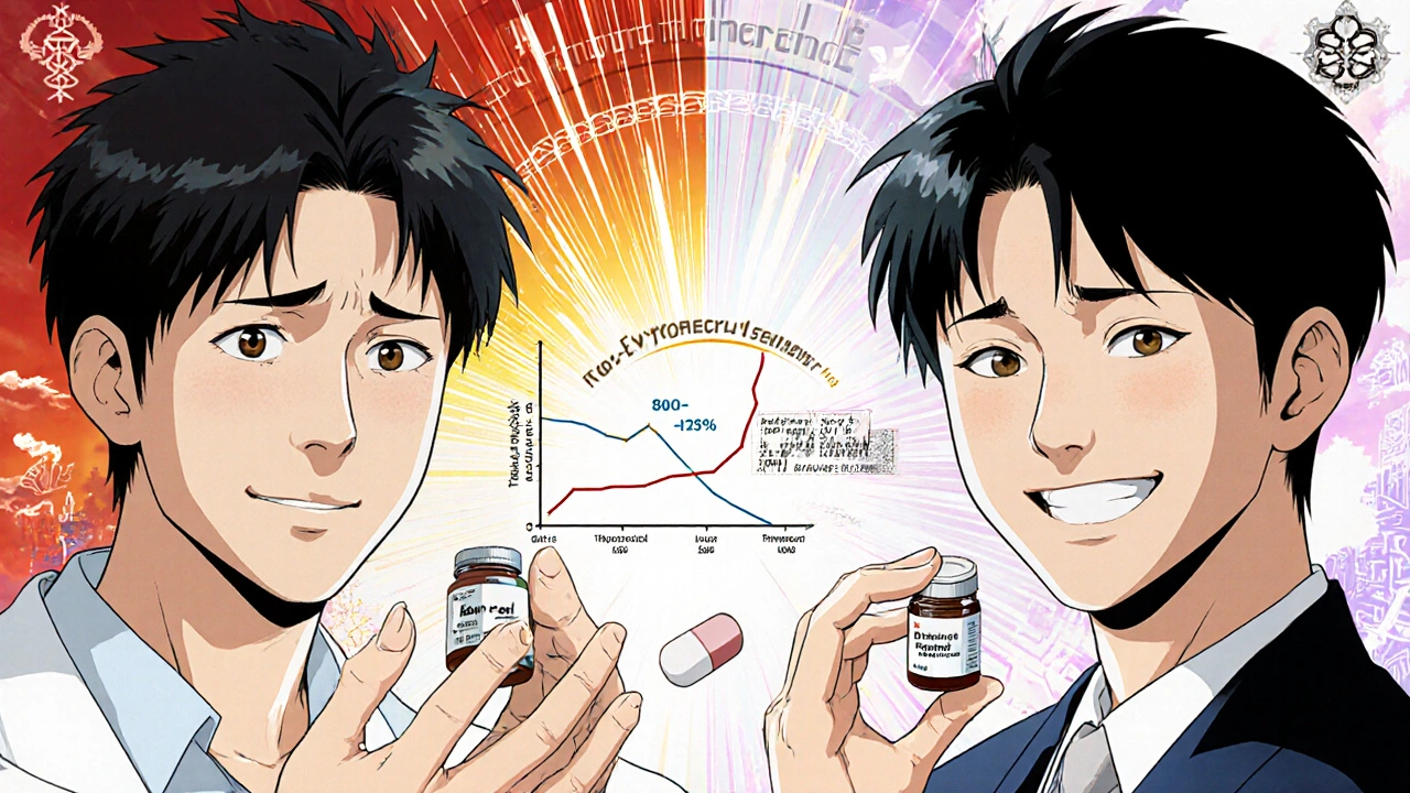 Patient holding two pills with a bioequivalence energy bridge connecting them