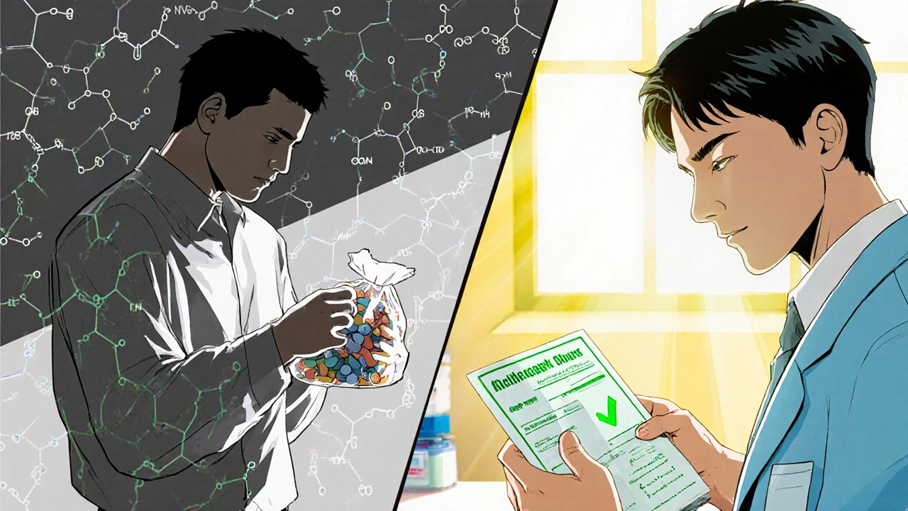 Patient transitions from stress to relief as pharmacist hands them a clear medication plan.