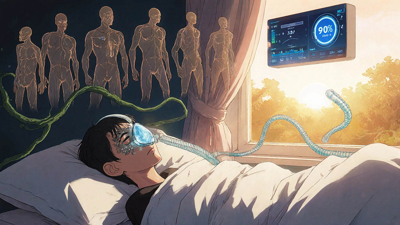 Person sleeping peacefully with full-face CPAP mask, glowing tubing beside bed, past struggles fading away at dawn.