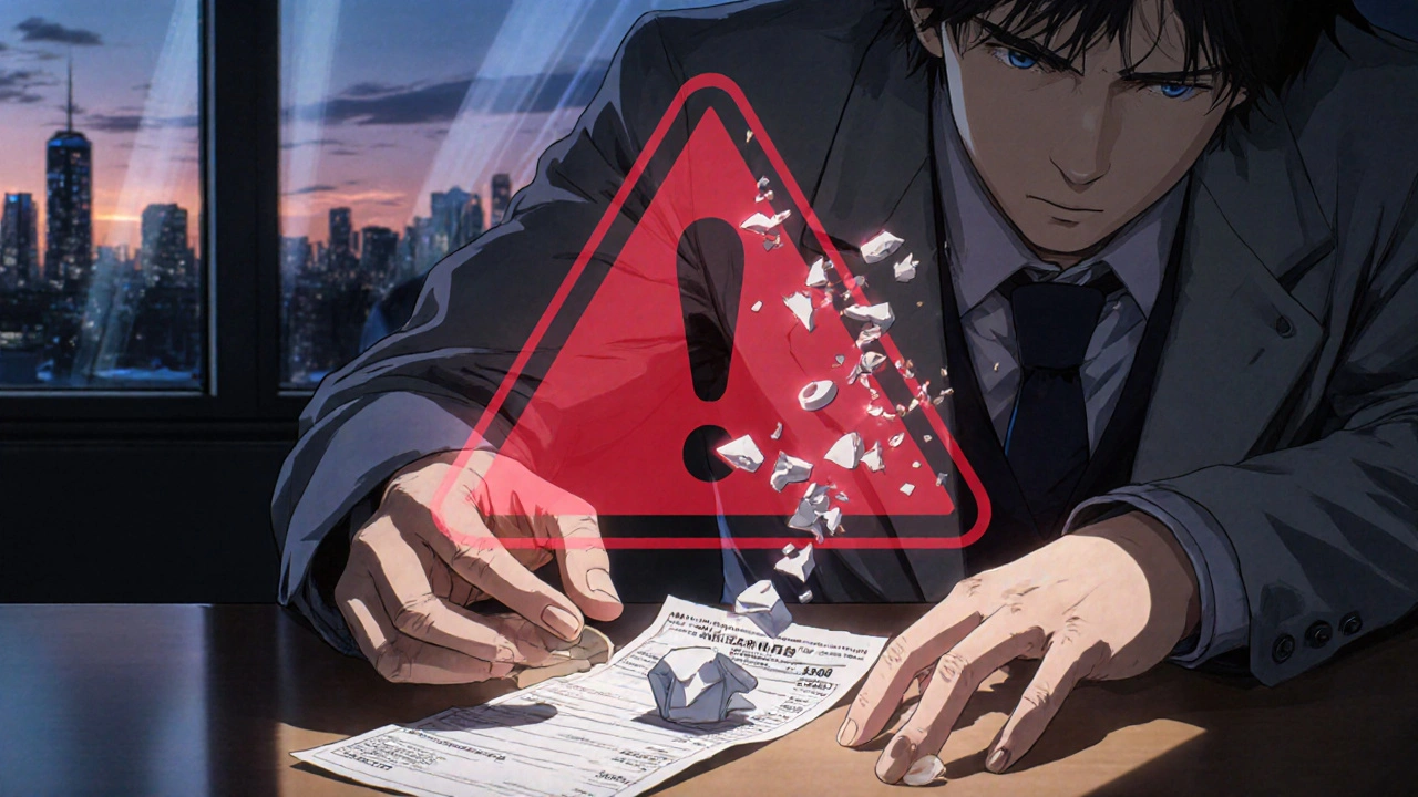 Pharmacist places a generic pill beside a costly receipt as a warning symbol shatters behind them.