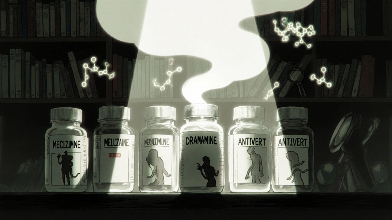 Pharmacy shelf with meclizine bottles and spectral anticholinergic molecules floating between them.