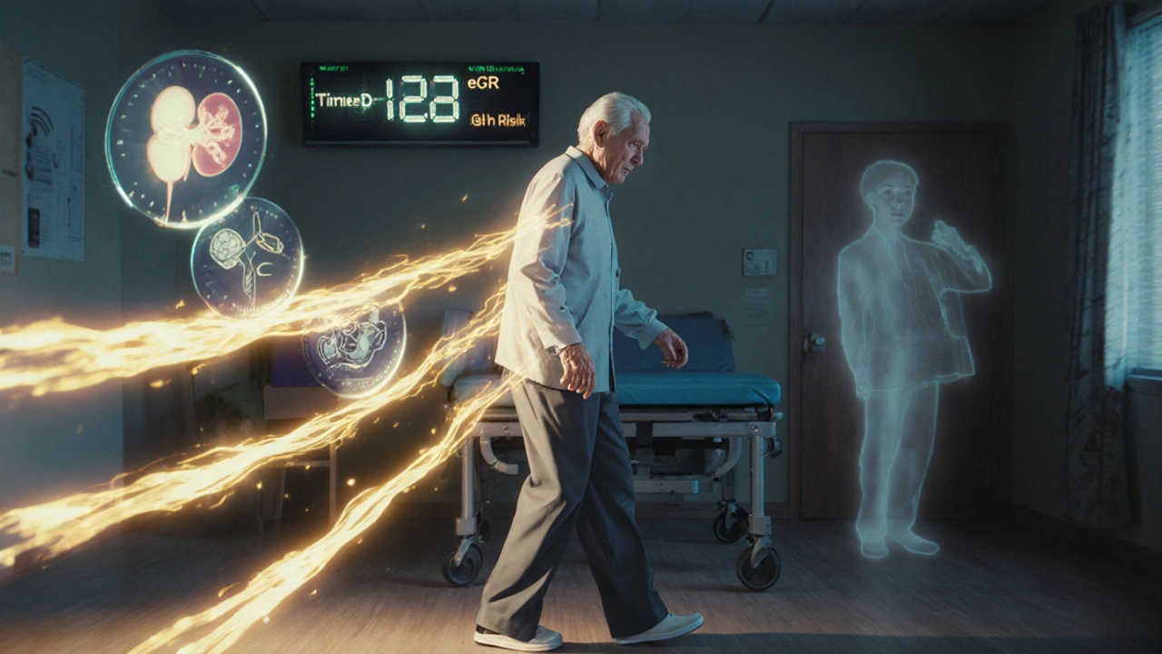 Senior performing a mobility test with glowing health metrics floating above, digital readout visible.