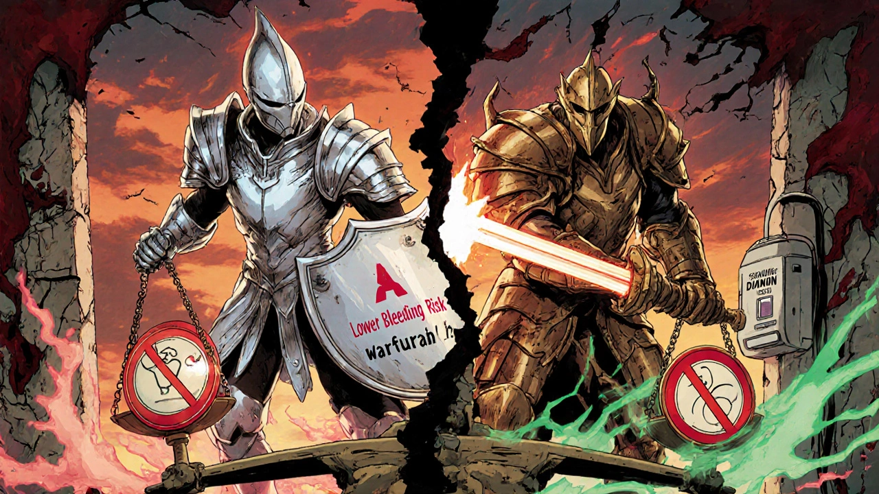 Spectral warriors representing DOACs and warfarin battle on a scale balancing stroke and bleed risks.