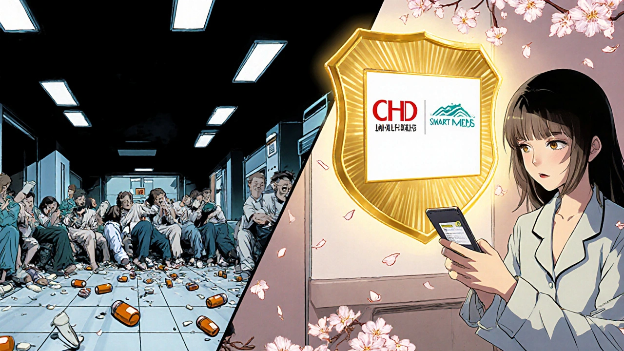 Split scene: chaotic hospital on left, calm home with adherence shield on right, symbolizing medication adherence transformation.