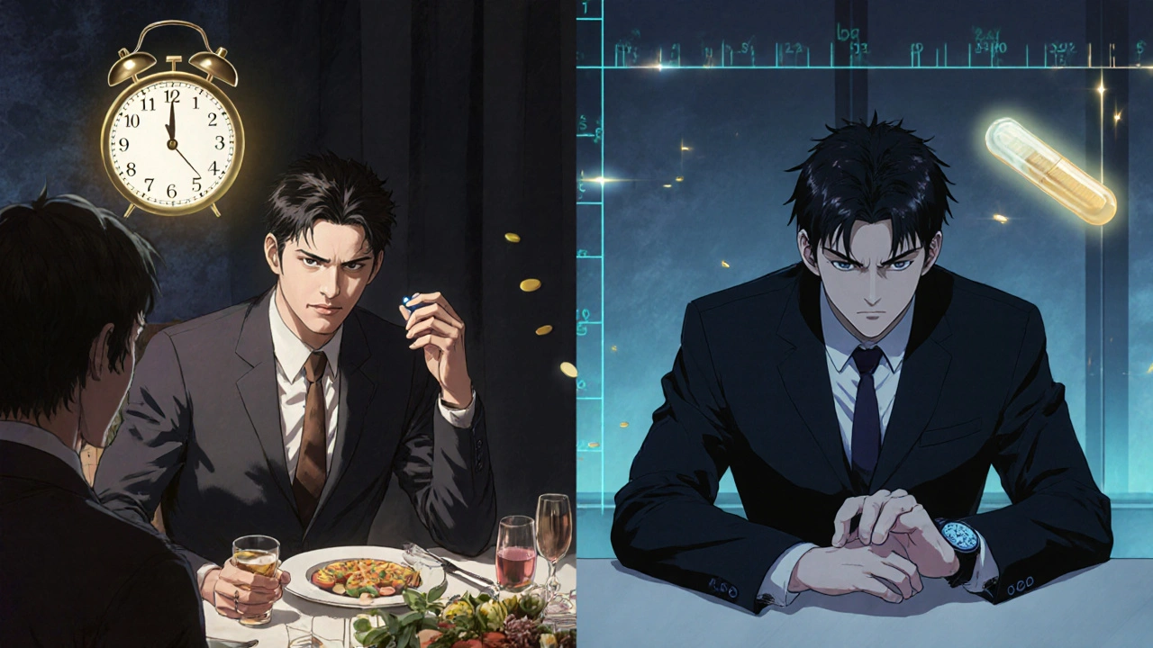 Split scene comparing Cialis&#039;s 36-hour window with Penegra&#039;s 5-hour window during intimate moments.