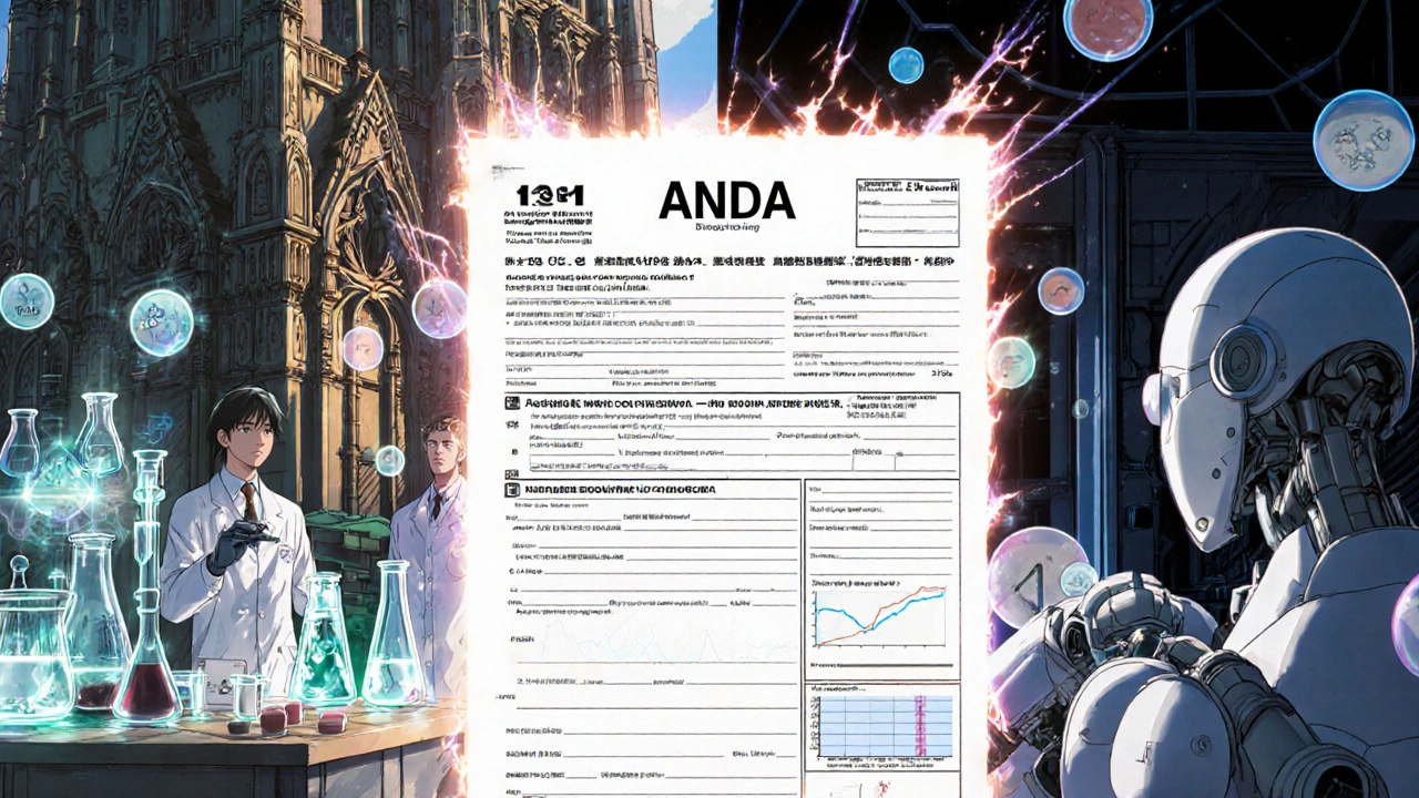 Split scene: expensive NDA lab vs. efficient generic pill factory connected by a glowing ANDA form.