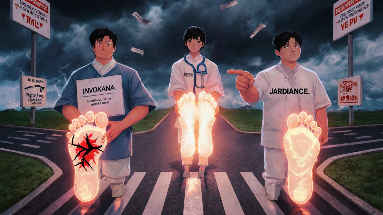 Three patients at a medical crossroads: one with damaged foot, one with healthy feet, one guided by a podiatrist.