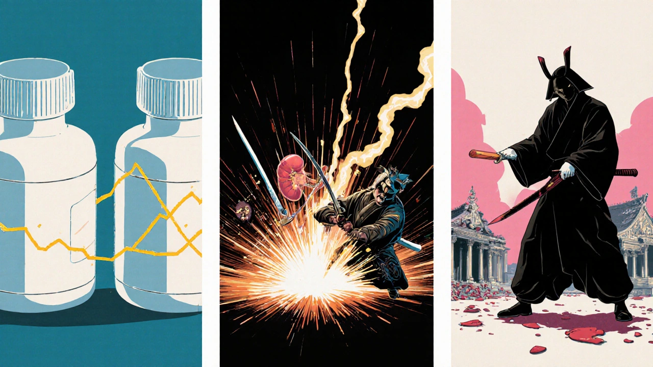 Three scenes showing additive, synergistic, and antagonistic drug interactions with glowing energy.