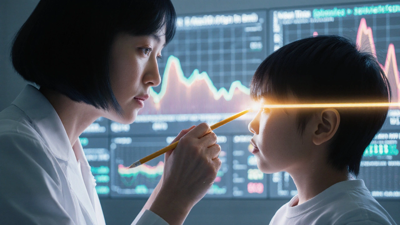 Vision therapist and child performing pencil push-up with glowing neural path and holographic metrics.