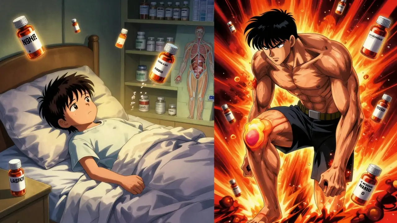 A child with fever and an athlete with swollen knee, each treated by different pain relievers in contrasting scenes.