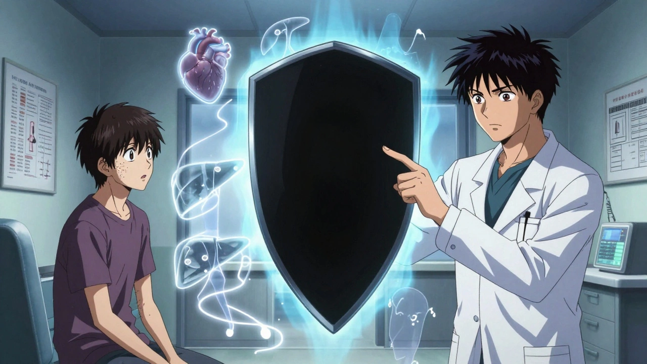 A doctor and patient facing a massive floating black box warning with side effect silhouettes.