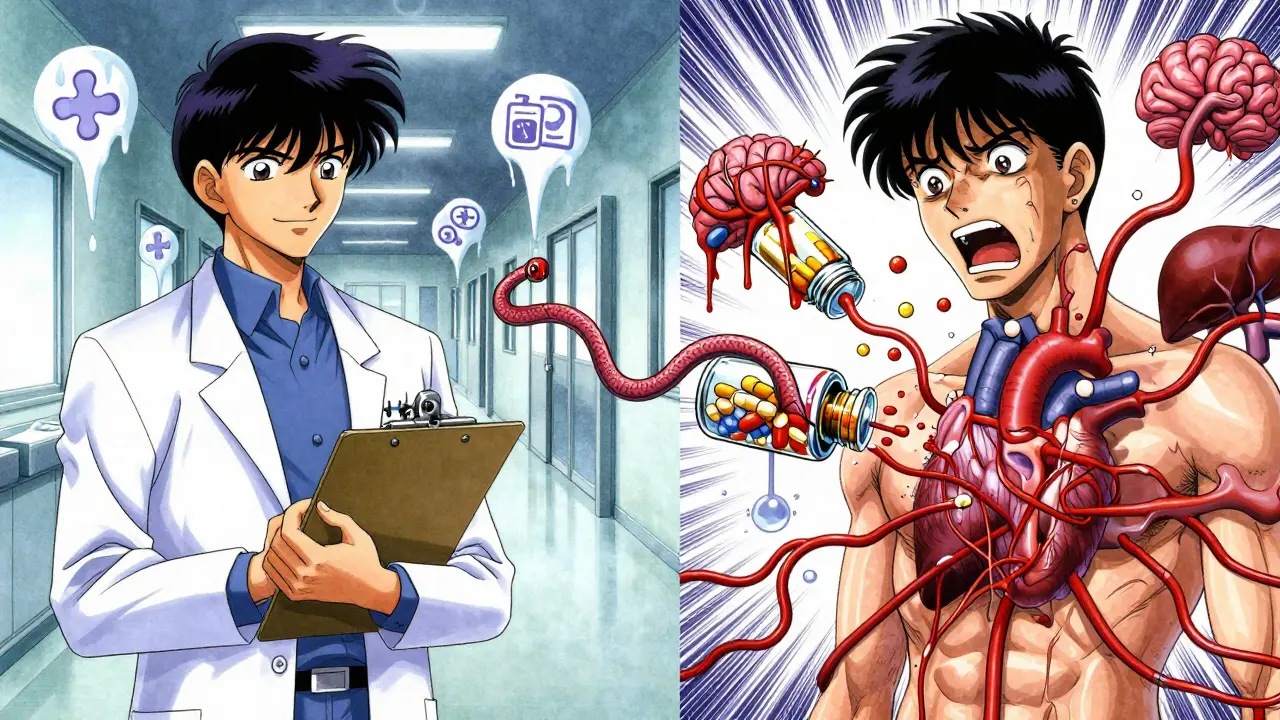 A doctor’s calm face contrasts with invisible chemical chains disrupting vital organs inside a patient.