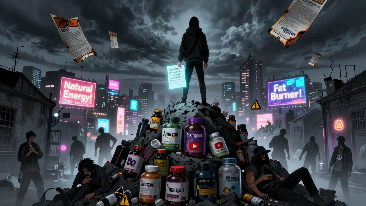 A figure atop a mountain of supplement bottles overlooks a city blinded by false health ads.