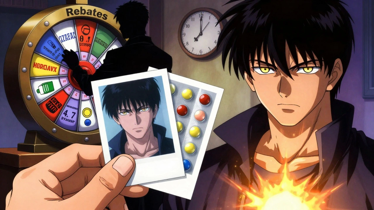 A hand holds a photo of a pill next to a new refill, while a shadowy figure spins generic brands on a rebate wheel in the background.