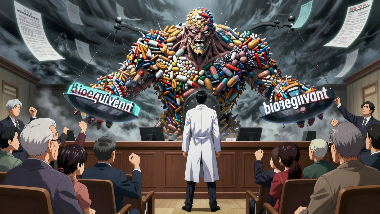 A heroic tablet battling a monstrous generic in a courtroom, with patients as witnesses.