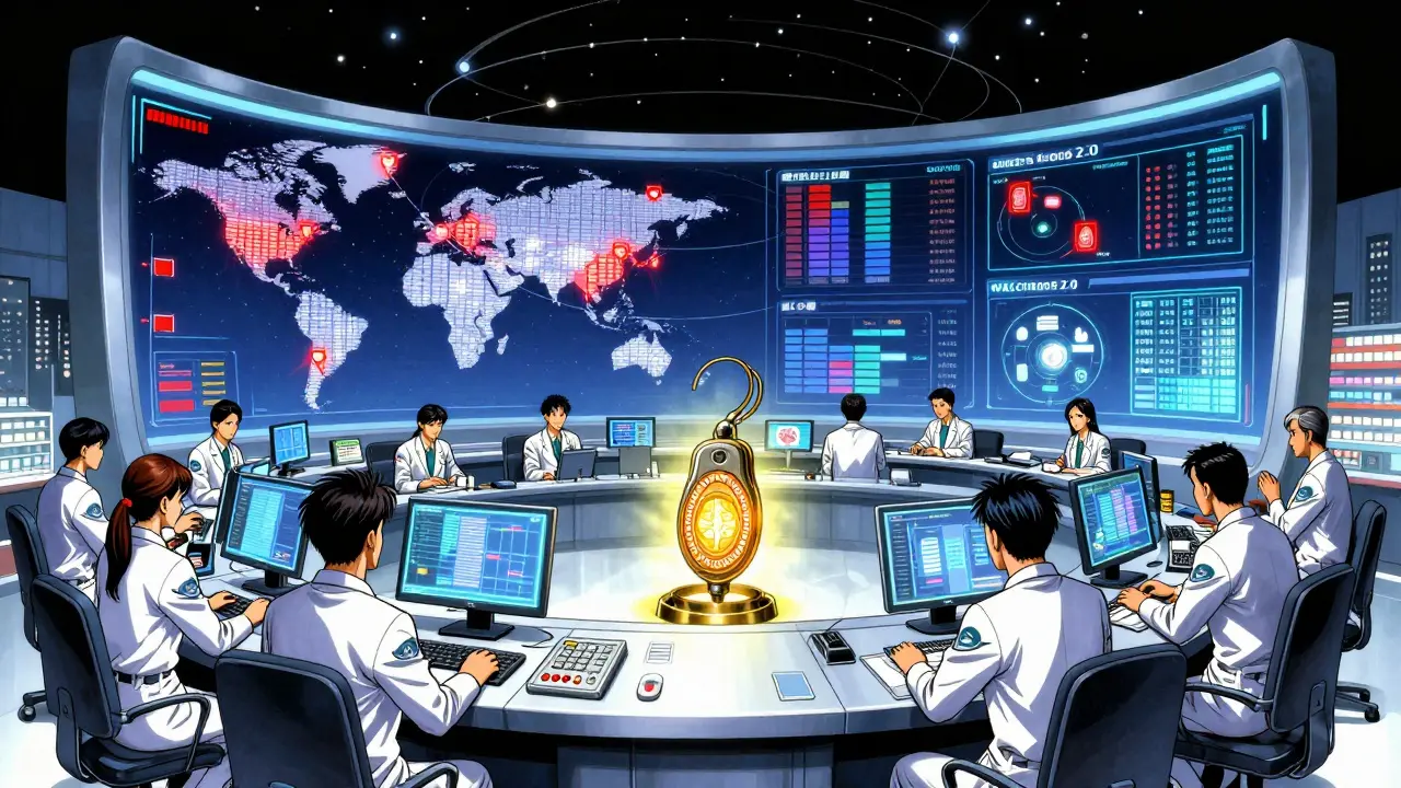 A high-tech pharmacy control room with holographic alerts and a glowing security key at the center.