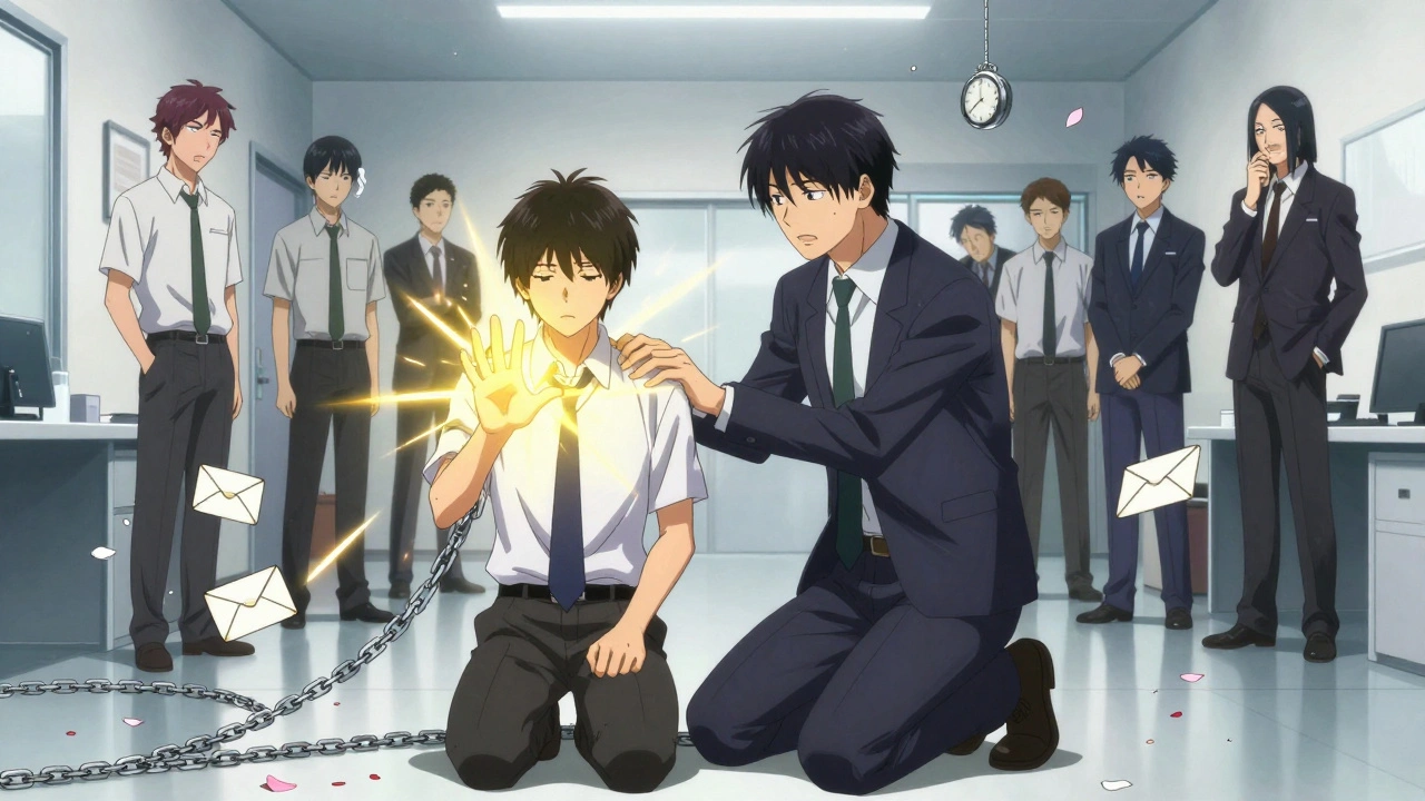 A manager radiating golden light to dissolve invisible burdens of burnout from a distressed employee.