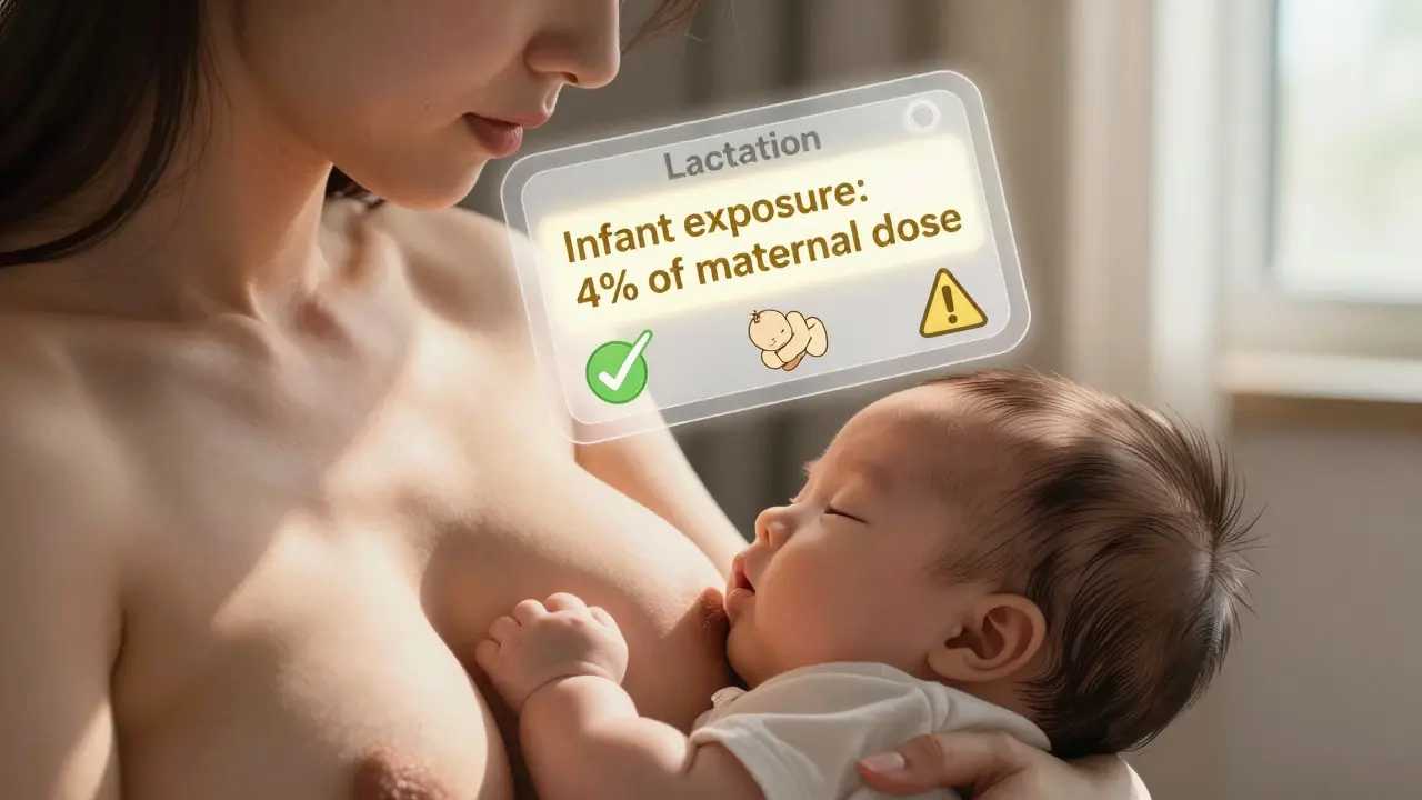 A mother breastfeeding as a translucent drug label hovers above, showing infant exposure at 4% with glowing icons and soft lighting.