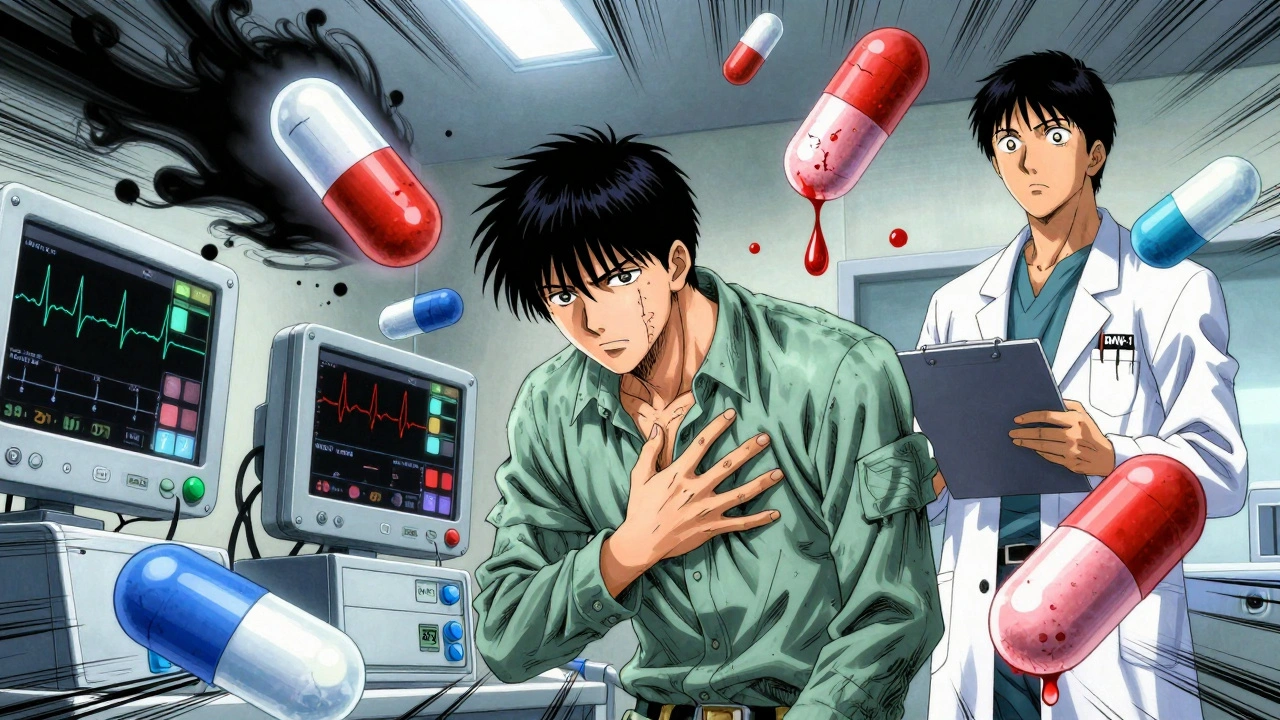 A patient in an ER clutching their chest as floating generic pills emit dangerous signals, with a doctor holding a DAW-1 clipboard nearby.