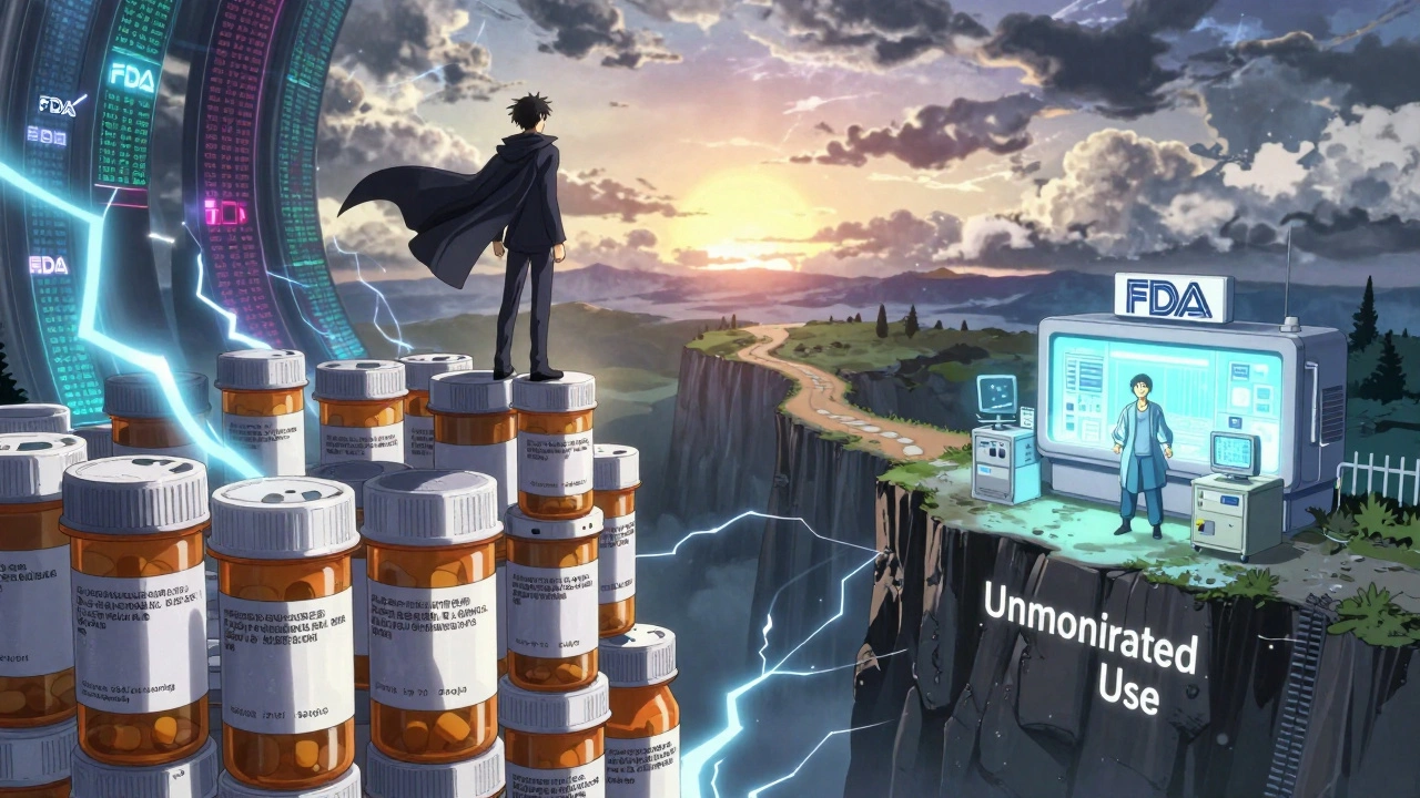 A patient on a cliff of prescription bottles, choosing between safe monitoring and danger.