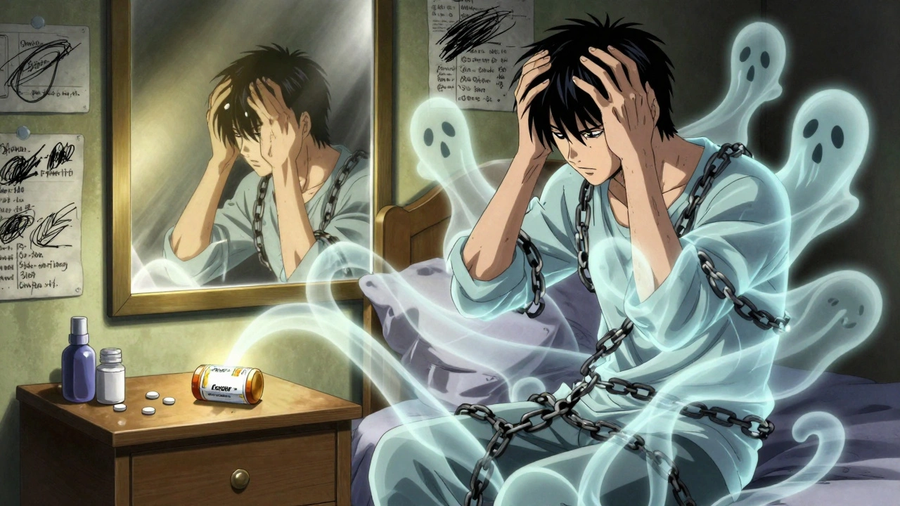 A patient surrounded by ghostly excipient spirits, reflecting their former healthy self in a mirror.