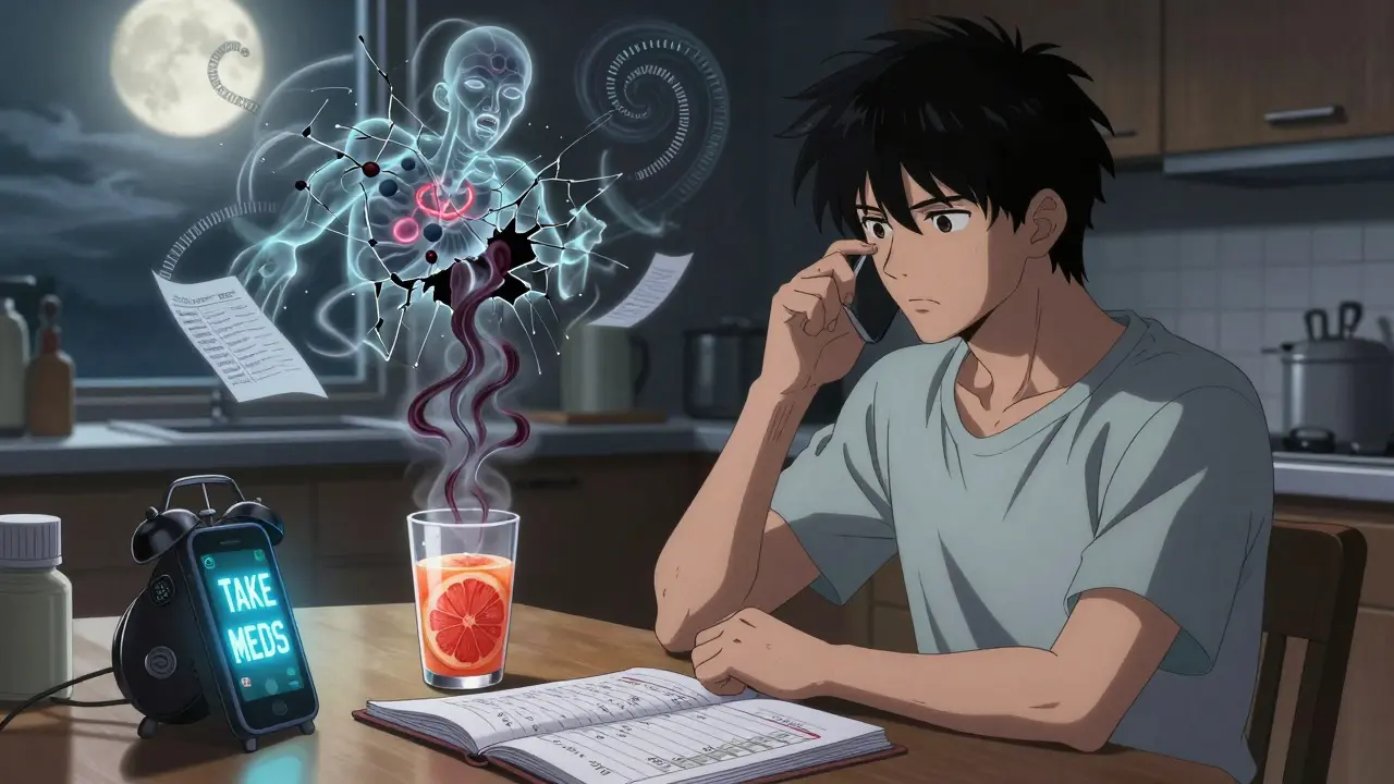 A patient takes medication at night, grapefruit juice steaming with dark tendrils, medical charts and genetic code swirl above them in a moonlit kitchen.