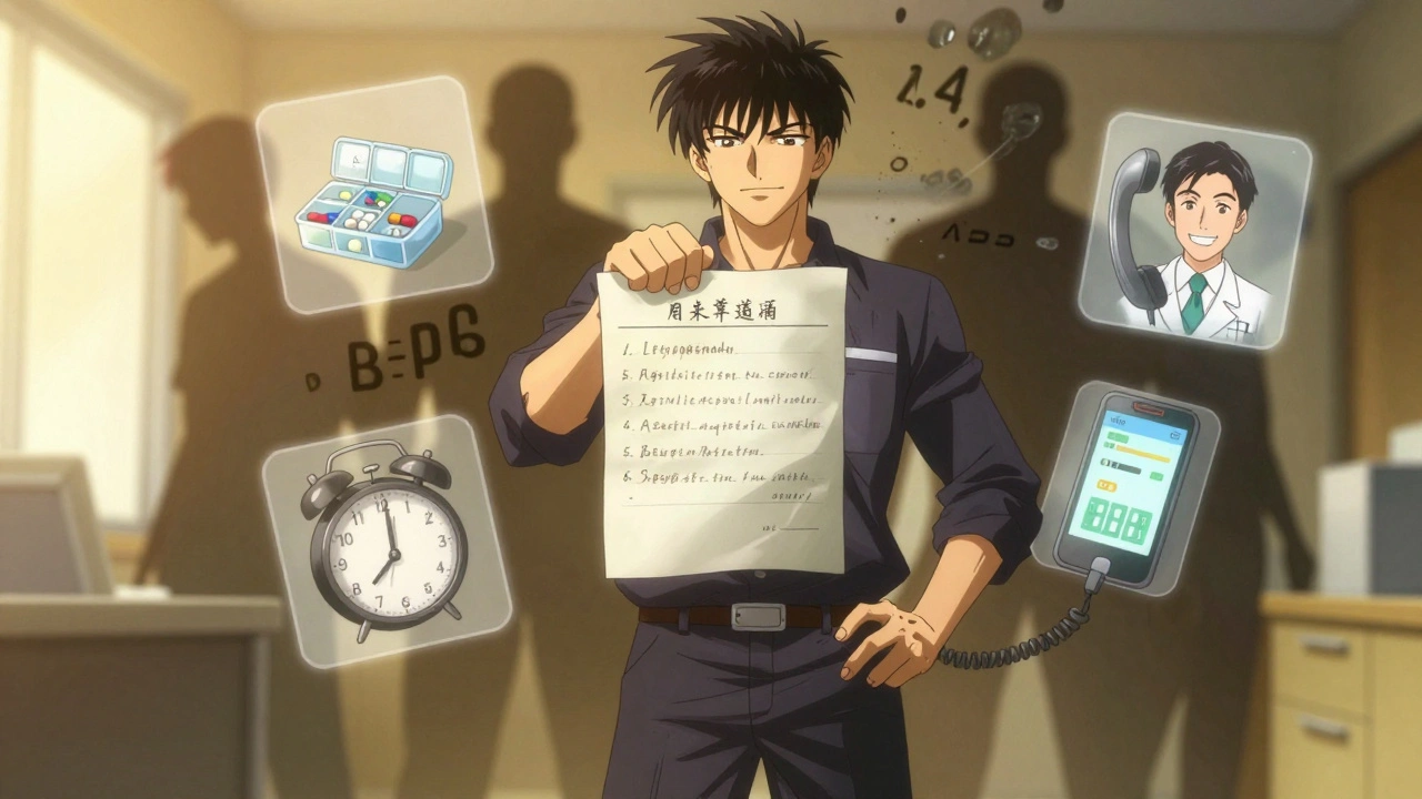 A person holds a clear medication list surrounded by helpful icons like a pill organizer and alarm, as outdated abbreviations fade away.