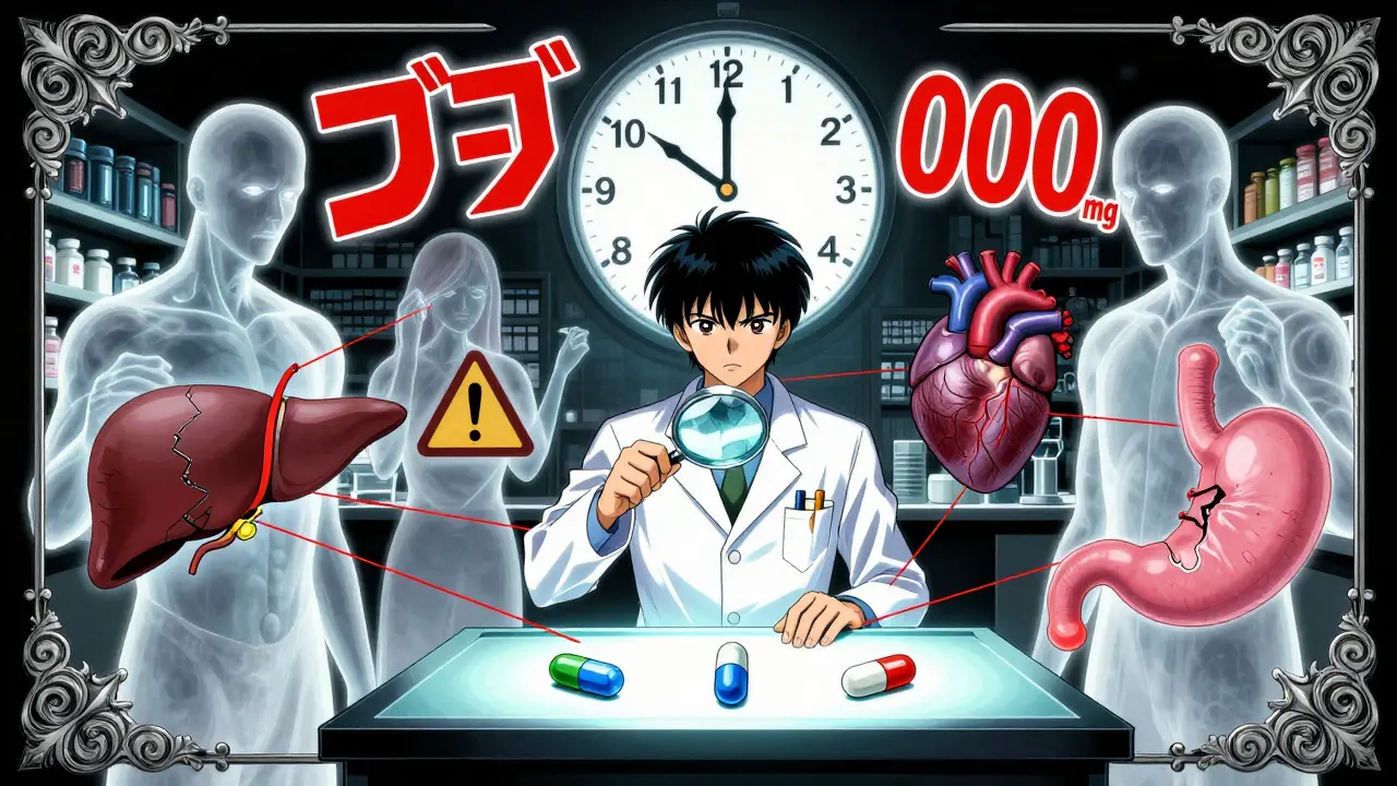 A pharmacist examining pills under neon light, with ghostly risk symbols floating around them in a pharmacy.